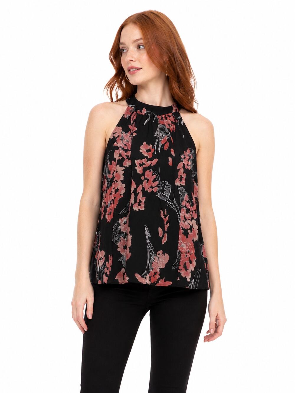 LR4015 A New Day Floral Halter Neck Sleeveless Blouse Black Pink Size Large